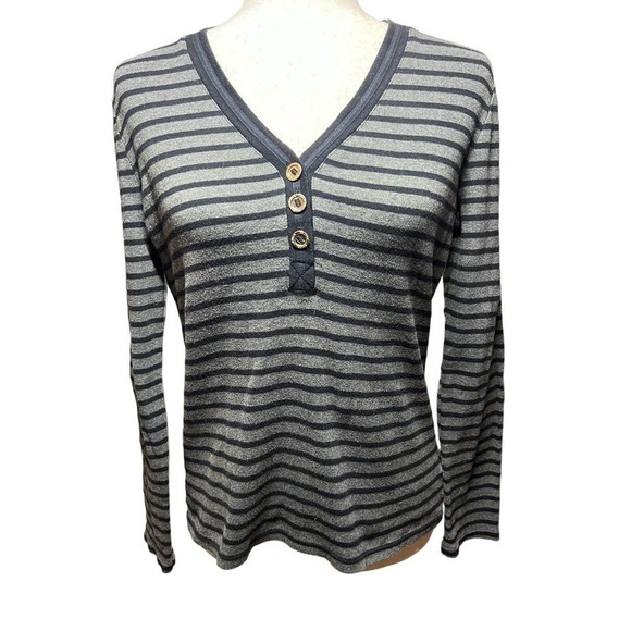 3/$27 Lauren Ralph Lauren Striped V-Neck Henley Navy & Gray, size M - Picture 1 of 7